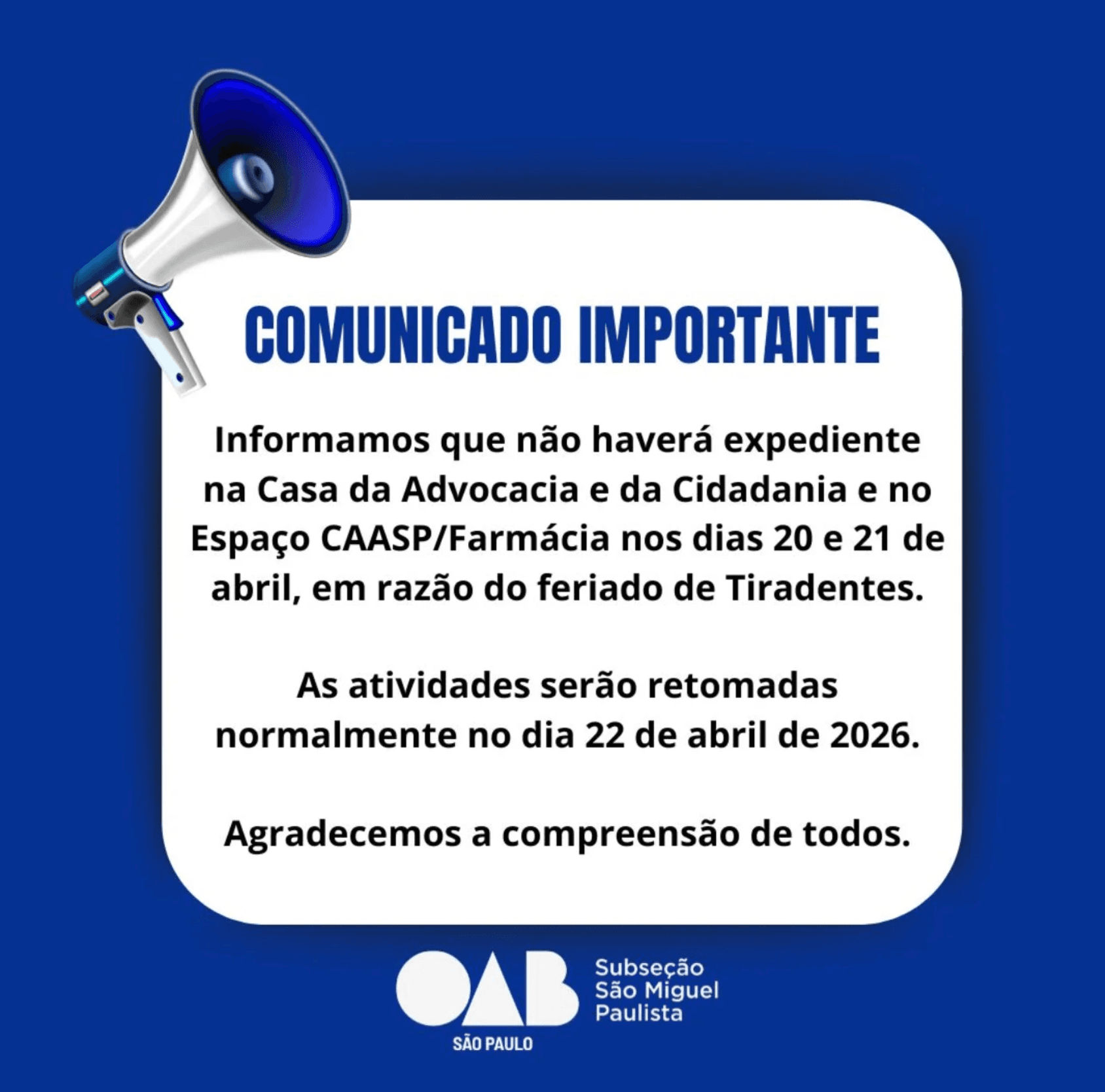 Comunicado: Expediente Feriado de Tiradentes