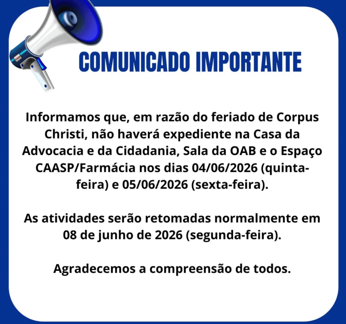 Comunicado: Feriado Corpus Christi